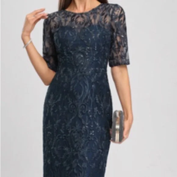 JJs House Dark Navy 1/2 Sleeve Lace Sequin Cocktail Dress Size 12